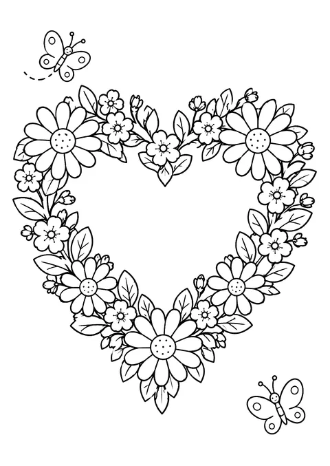 Hearts coloring page: Heart Flower Wreath