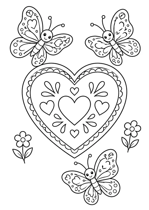 Hearts coloring page: Heart and Butterflies