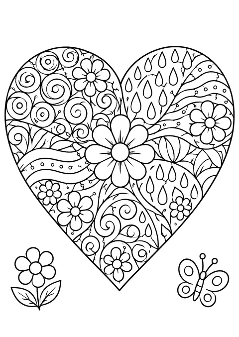 Hearts coloring page: Zentangle Flower Heart