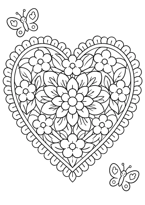 Hearts coloring page: Flower Heart Mandala