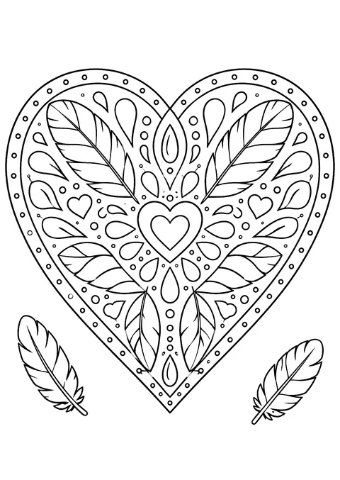 Hearts coloring page: Feather Heart Mandala