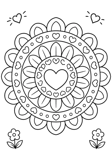 Hearts coloring page: Round Mandala with Little Hearts