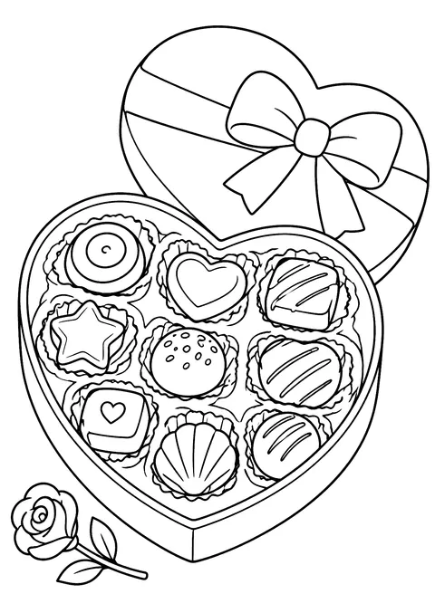 Valentine's Day coloring page: Heart-Shaped Box of Chocolates