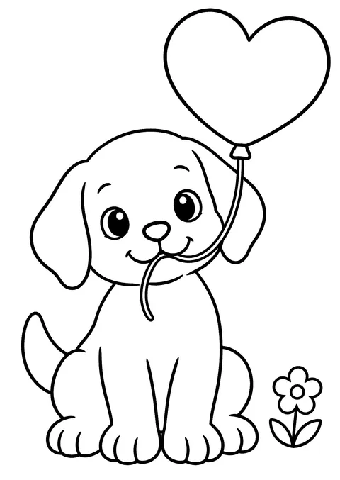 Valentine's Day coloring page: Puppy with a Heart Balloon