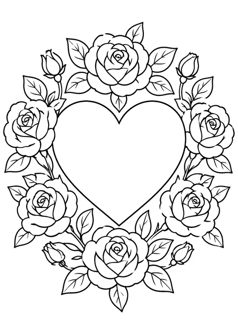 Valentine's Day coloring page: Heart Surrounded by Roses