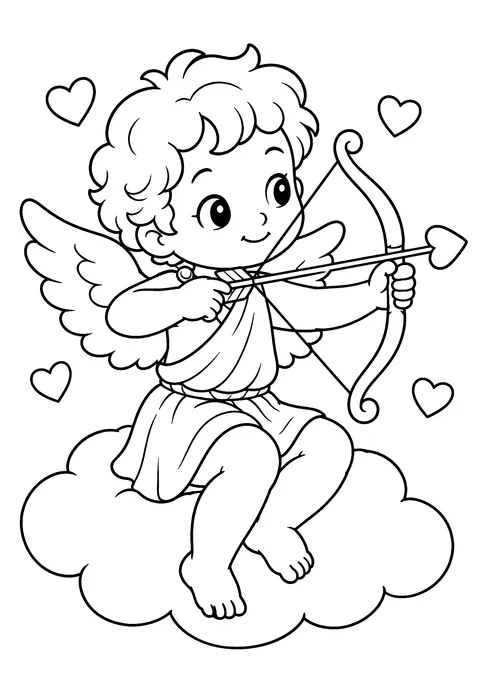 Valentine's Day coloring page: Cupid on a Cloud