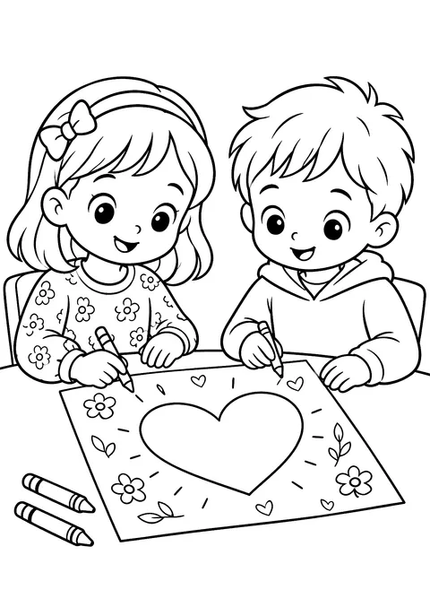 Valentine's Day coloring page: Kids Making a Valentine's Card