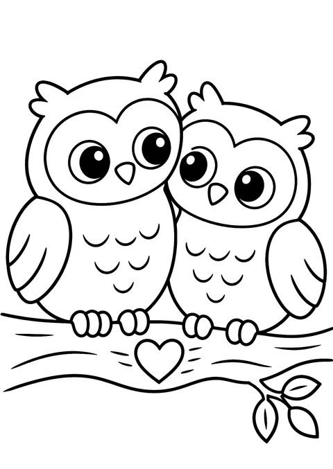 Valentine's Day coloring page: Owls on a Branch