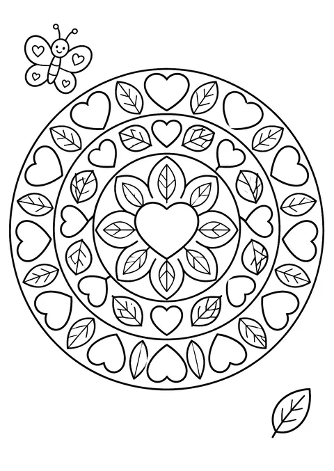 Valentine's Day coloring page: Round Mandala with Hearts