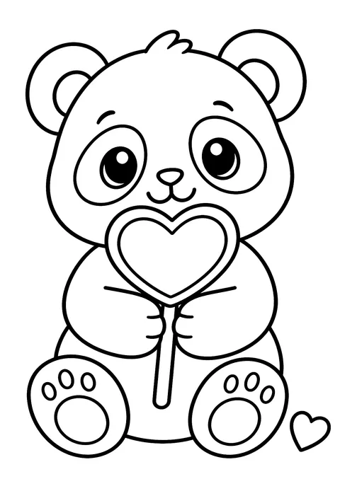 Valentine's Day coloring page: Panda with a Heart Lollipop
