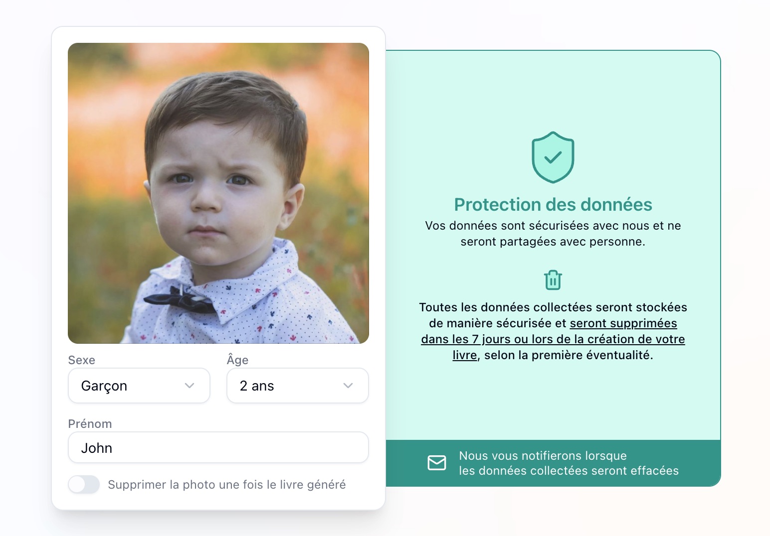 Page de renseignement des informations de l'enfant