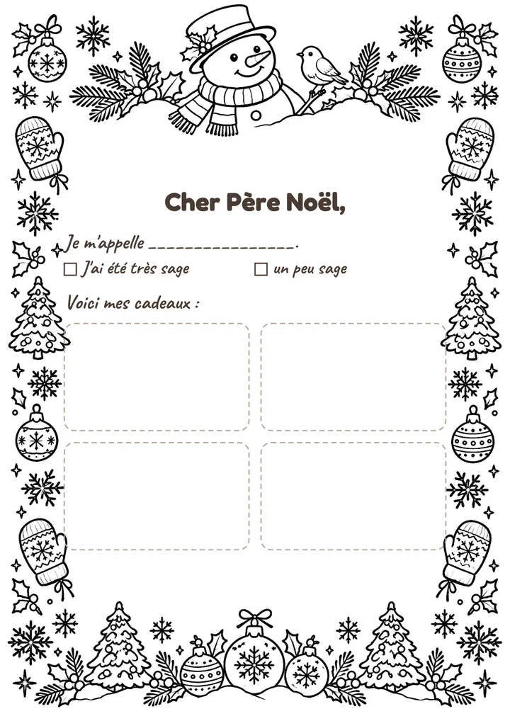Lettre au Père Noël à imprimer : Le bonhomme de neige (à colorier)