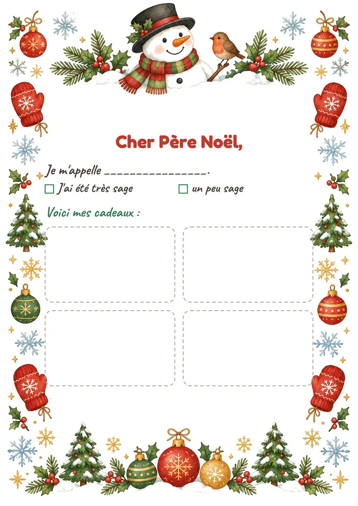 Lettre au Père Noël à imprimer : Le bonhomme de neige