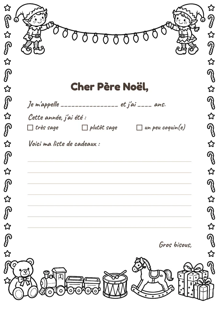 Lettre au Père Noël à imprimer : Les lutins du Père Noël (à colorier)