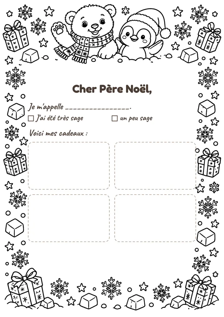 Lettre au Père Noël à imprimer : L'ours polaire et le pingouin (à colorier)