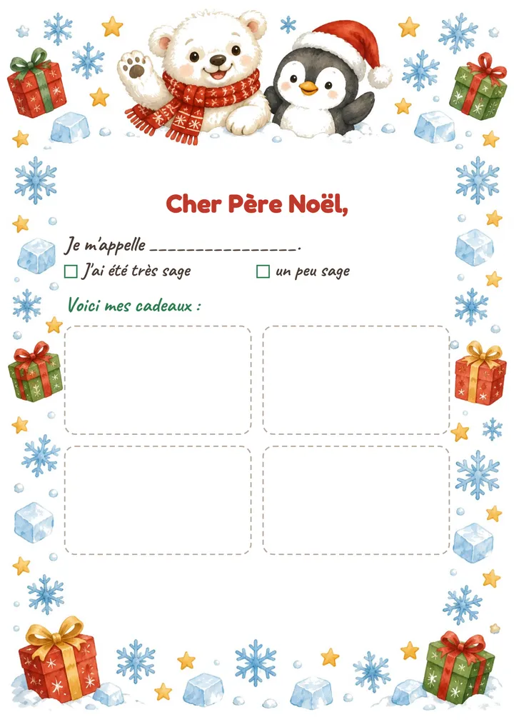 Lettre au Père Noël à imprimer : L'ours polaire et le pingouin