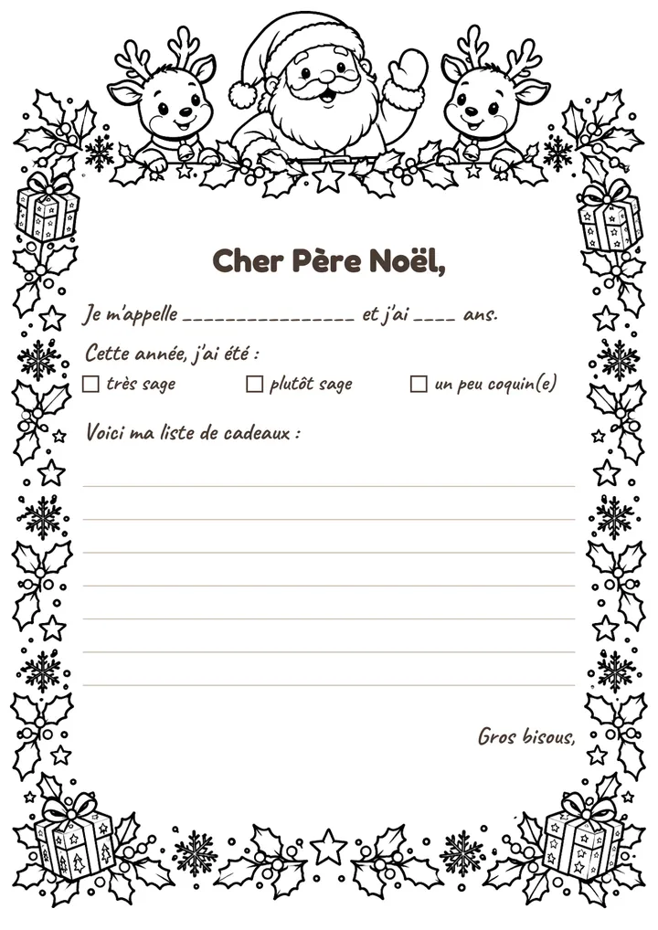 Lettre au Père Noël à imprimer : Le Père Noël et ses rennes (à colorier)