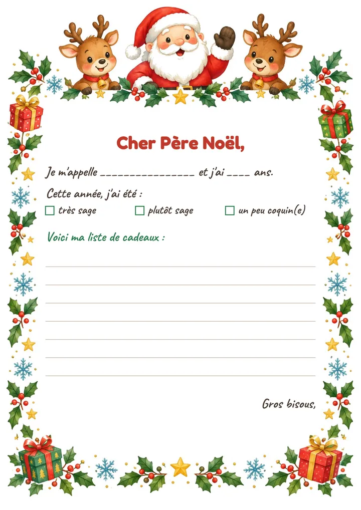 Lettre au Père Noël à imprimer : Le Père Noël et ses rennes