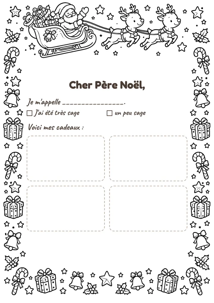 Lettre au Père Noël à imprimer : Le traîneau du Père Noël (à colorier)