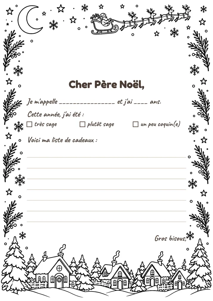Lettre au Père Noël à imprimer : Le village enneigé (à colorier)