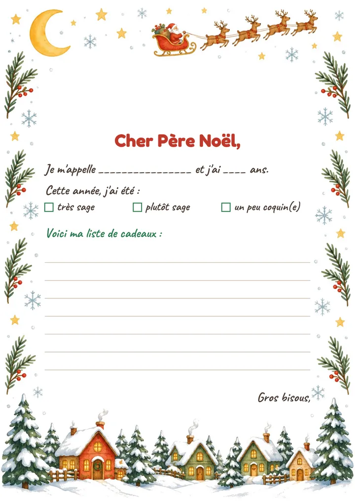 Lettre au Père Noël à imprimer : Le village enneigé