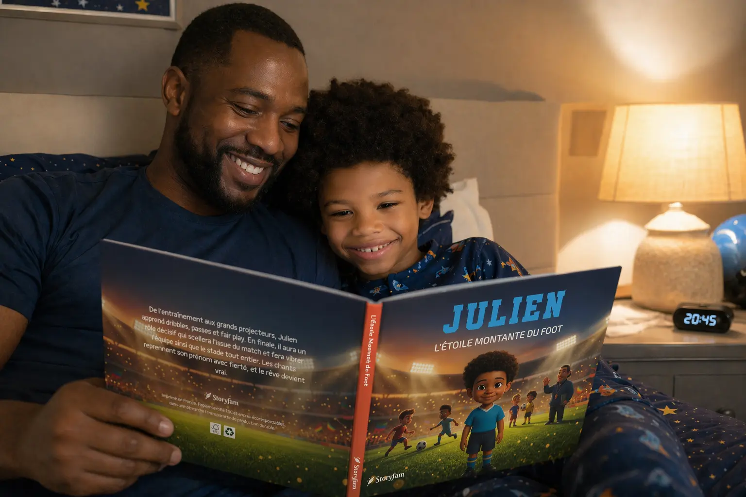 Père et fils lisant le livre personnalisé football