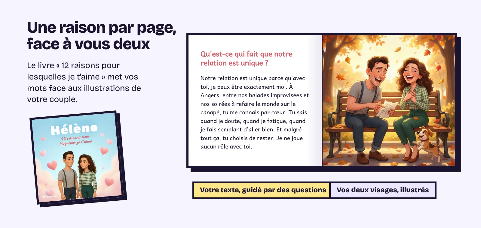 Le livre « 12 raisons pour lesquelles je t'aime » ouvert sur une raison, face à l'illustration du couple, et sa couverture