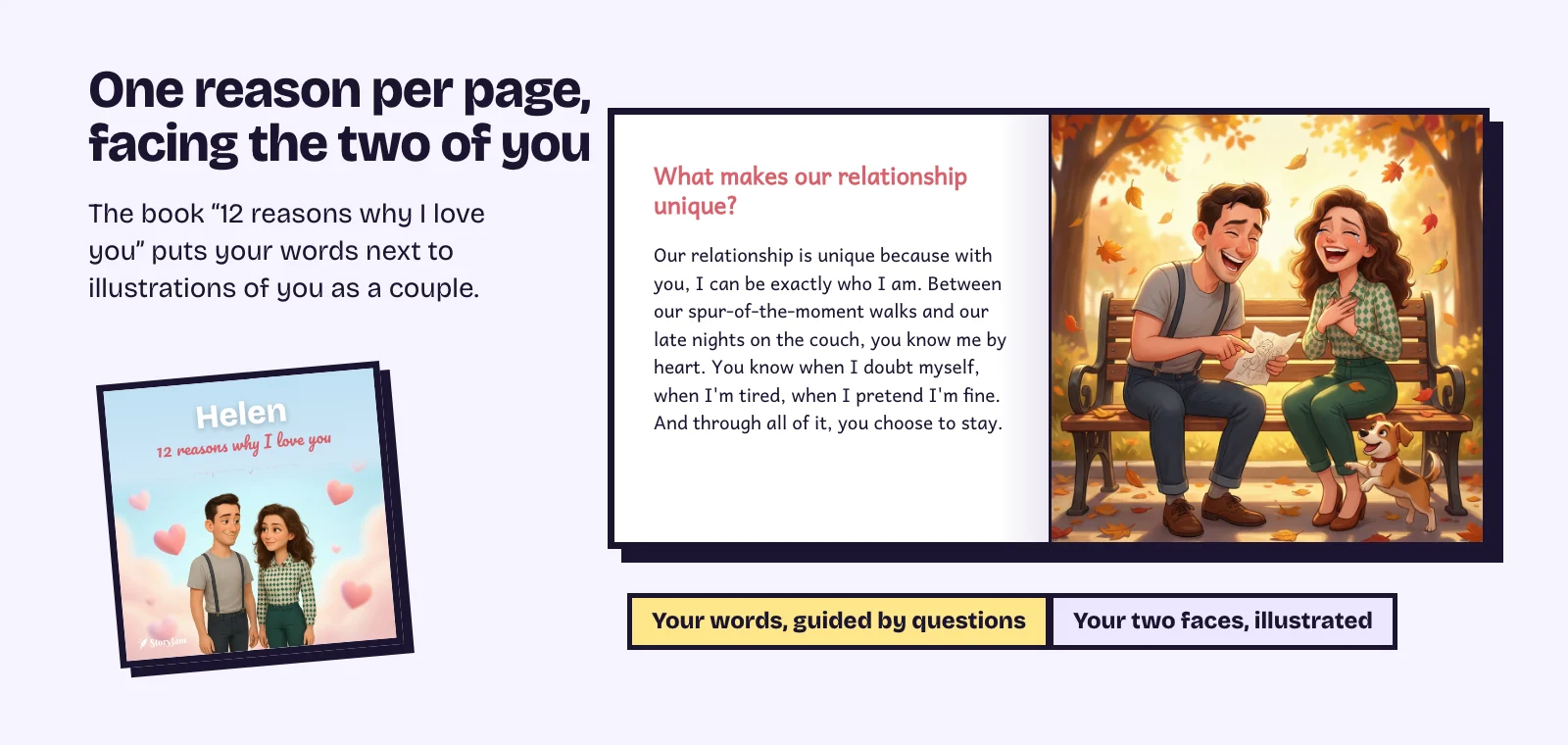 The book 12 reasons why I love you, open on a reason facing an illustration of the couple, and its cover