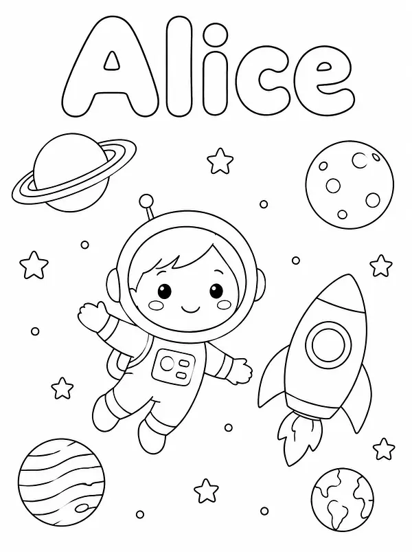 Personalized Space and rockets coloring page with a name, example 1
