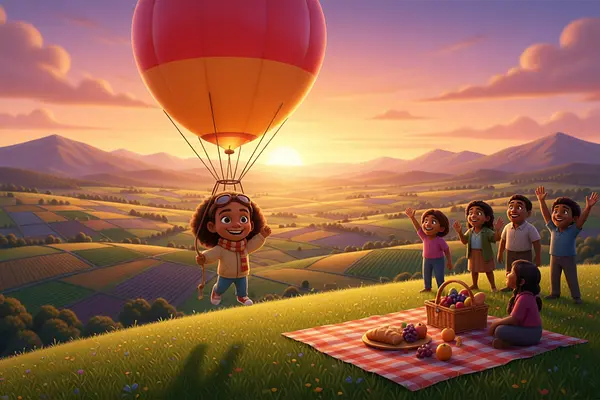 Illustration d'une page interne du livre personnalisé au sujet de Voyage en montgolfière