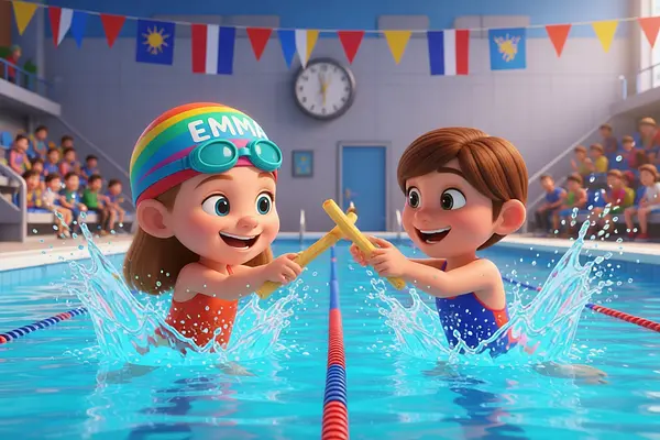 Ilustración de una página interna del libro personalizado sobre Natación