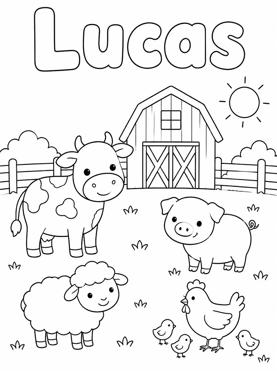 Personalized Farm animals coloring page with a name, example 1