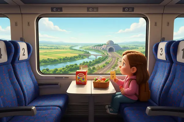 Illustrazione di una pagina interna del libro personalizzato sul soggetto di Viaggi in treno