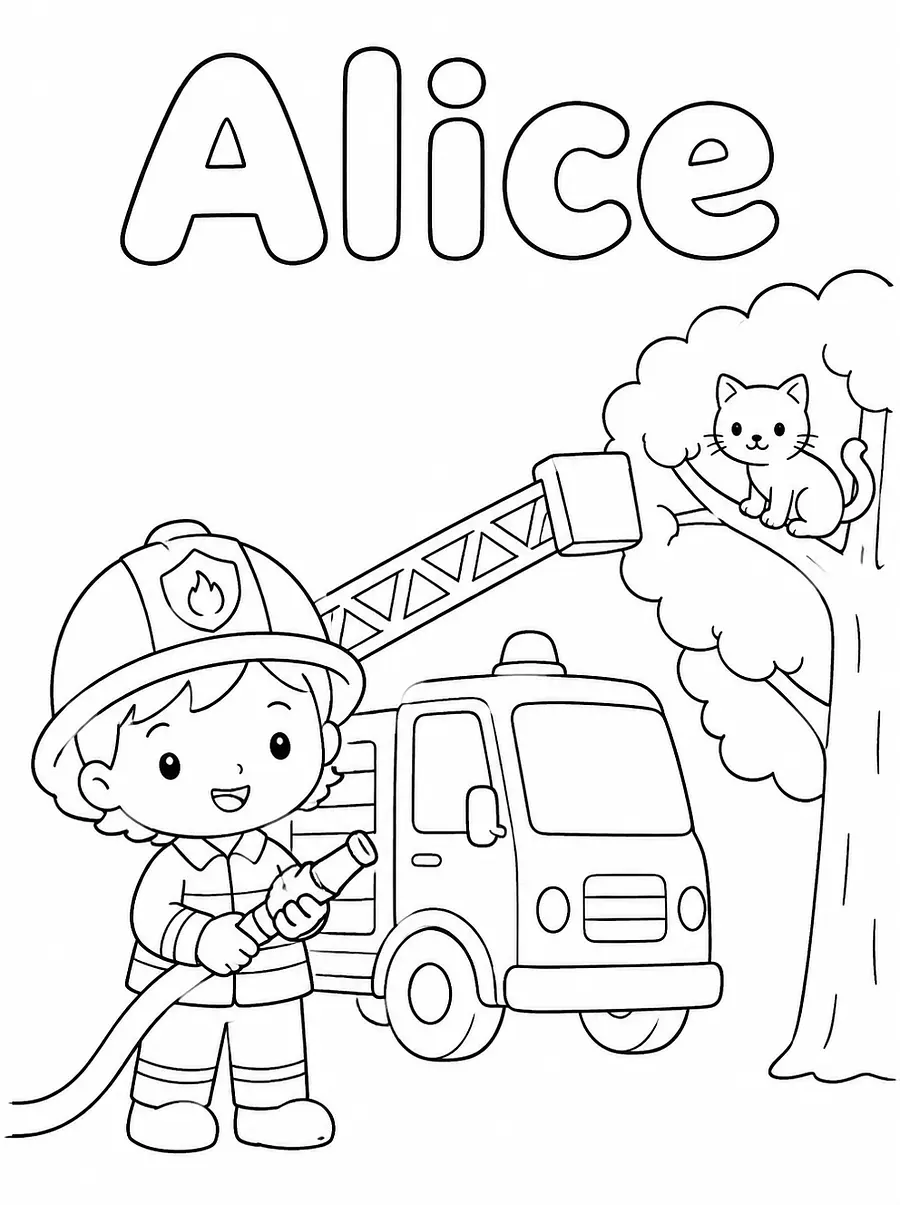 Coloriage Pompier personnalisé avec prénom, exemple 3