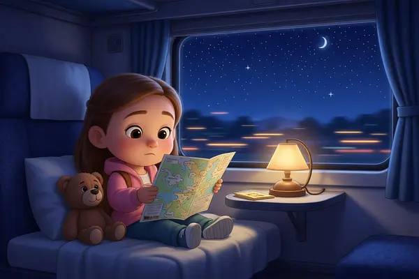 Illustrazione di una pagina interna del libro personalizzato sul soggetto di Viaggi in treno