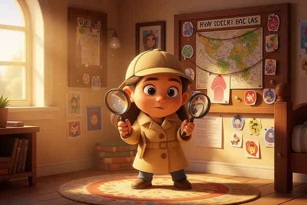 Illustrazione di una pagina interna del libro personalizzato sul soggetto di Detective