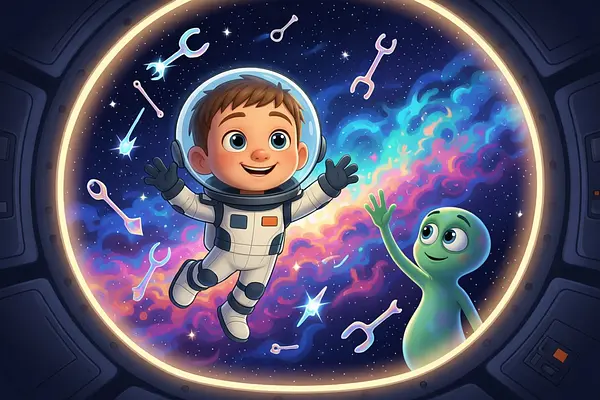 Illustration d'une page interne du livre personnalisé au sujet de Voyage dans l’espace