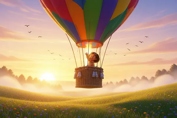 Illustration d'une page interne du livre personnalisé au sujet de Voyage en montgolfière