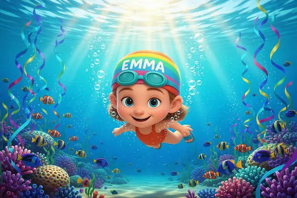 Illustration einer Innenseite des personalisierten Buches zum Thema Schwimmen