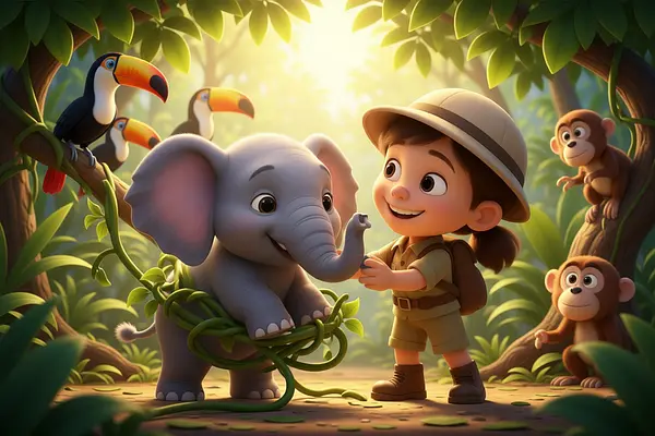 Internal page illustration of personalized book about Jungle explorers