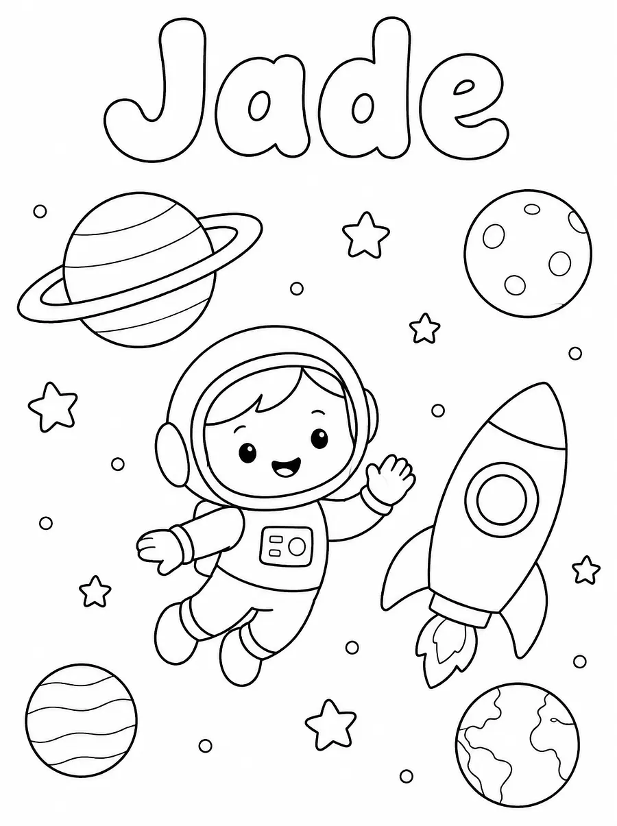 Personalized Space and rockets coloring page with a name, example 4